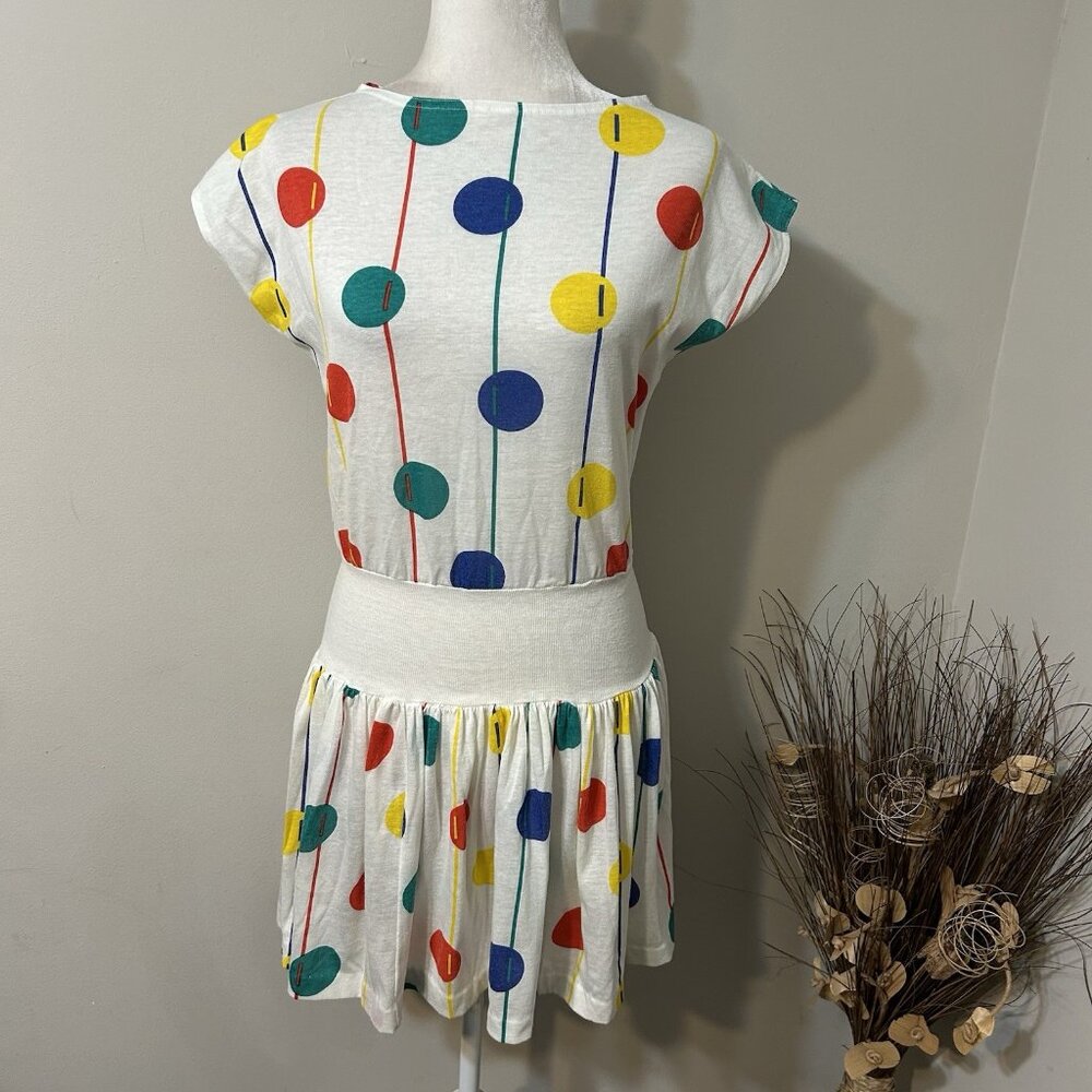 Vtg Unbranded White Mini Dress Multicolor Polka Dots Boat Neck Elastic Waist S ?